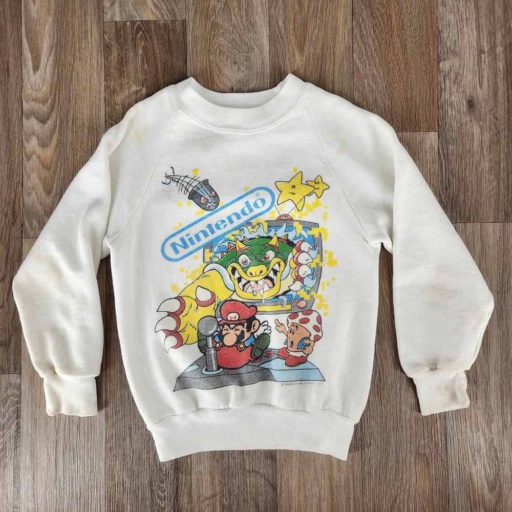 Vintage 1989 Nintendo Super Mario Bros Kids Sweatshirt White Bowser Toad 1980s